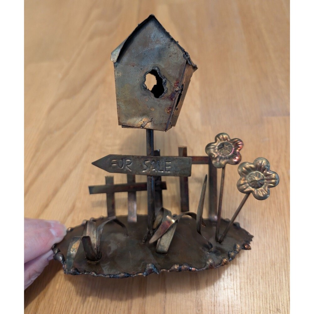 Vtg Hand Crafted Brutalist Copper Brass Flower Birdhouse Sculpture Metal 70s